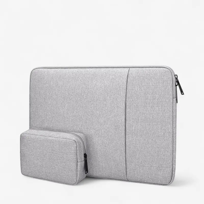 Housse pour ordinateur portable grise avec pochette assortie pour câbles et accessoires