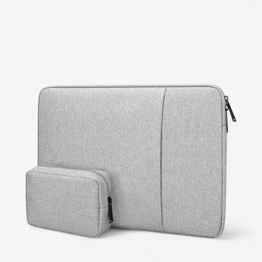 Housse pour ordinateur portable grise avec pochette assortie pour câbles et accessoires