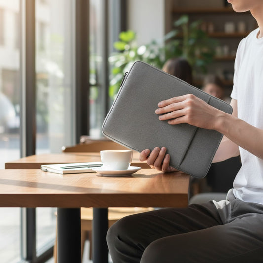 Housse pour ordinateur portable grise utilisée dans un café