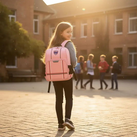 Jeune écolière portant un sac à dos ergonomique rose devant l’école primaire