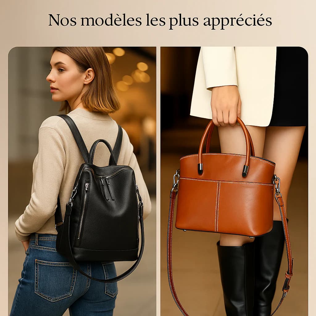 Montage présentant une femme portant un sac à dos noir en cuir et une main tenant un sac à main marron avec bandoulière