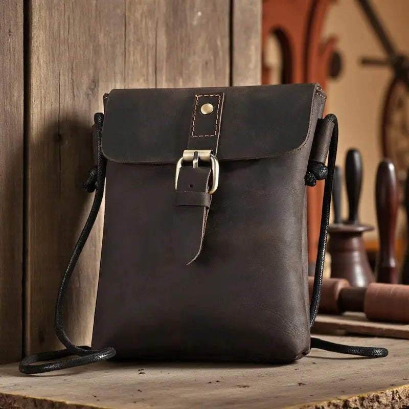 Pochette à bandoulière en cuir véritable vintage marron posée sur fond rétro