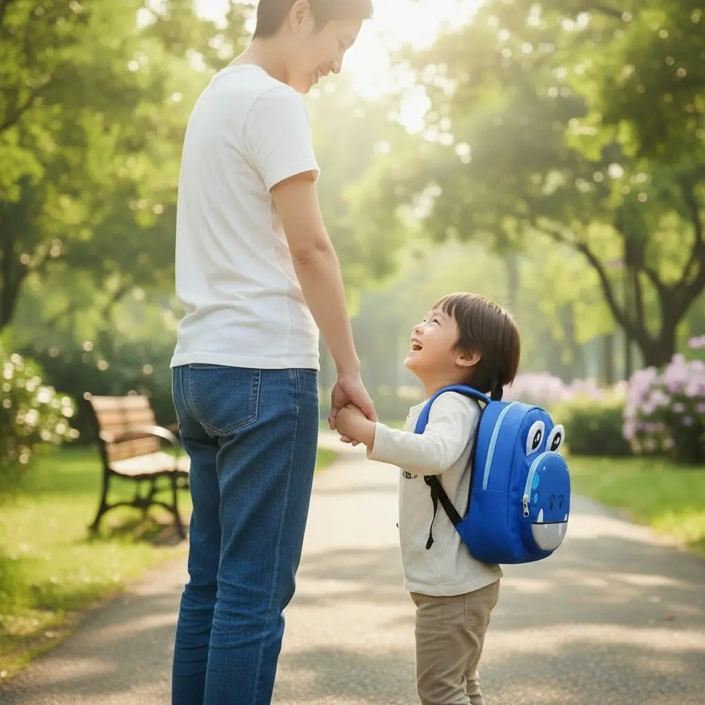 parent accompagnant un enfant avec un sac à dos hippopotame bleu