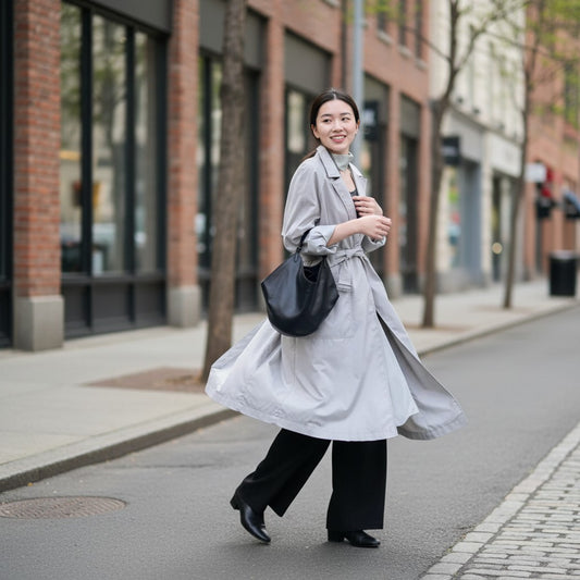 Petit sac seau en cuir noir porté en ville avec un trench beige