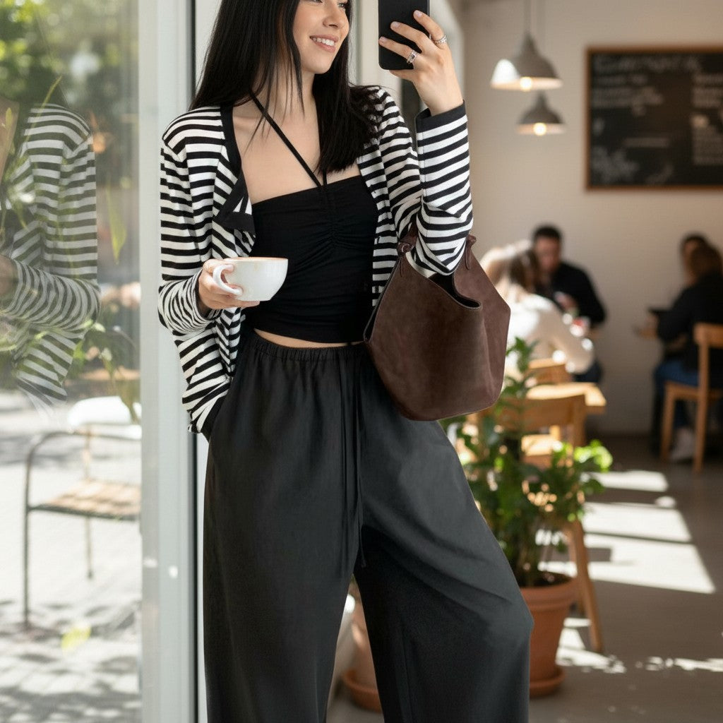 Petit sac seau en cuir suédé marron porté dans un café