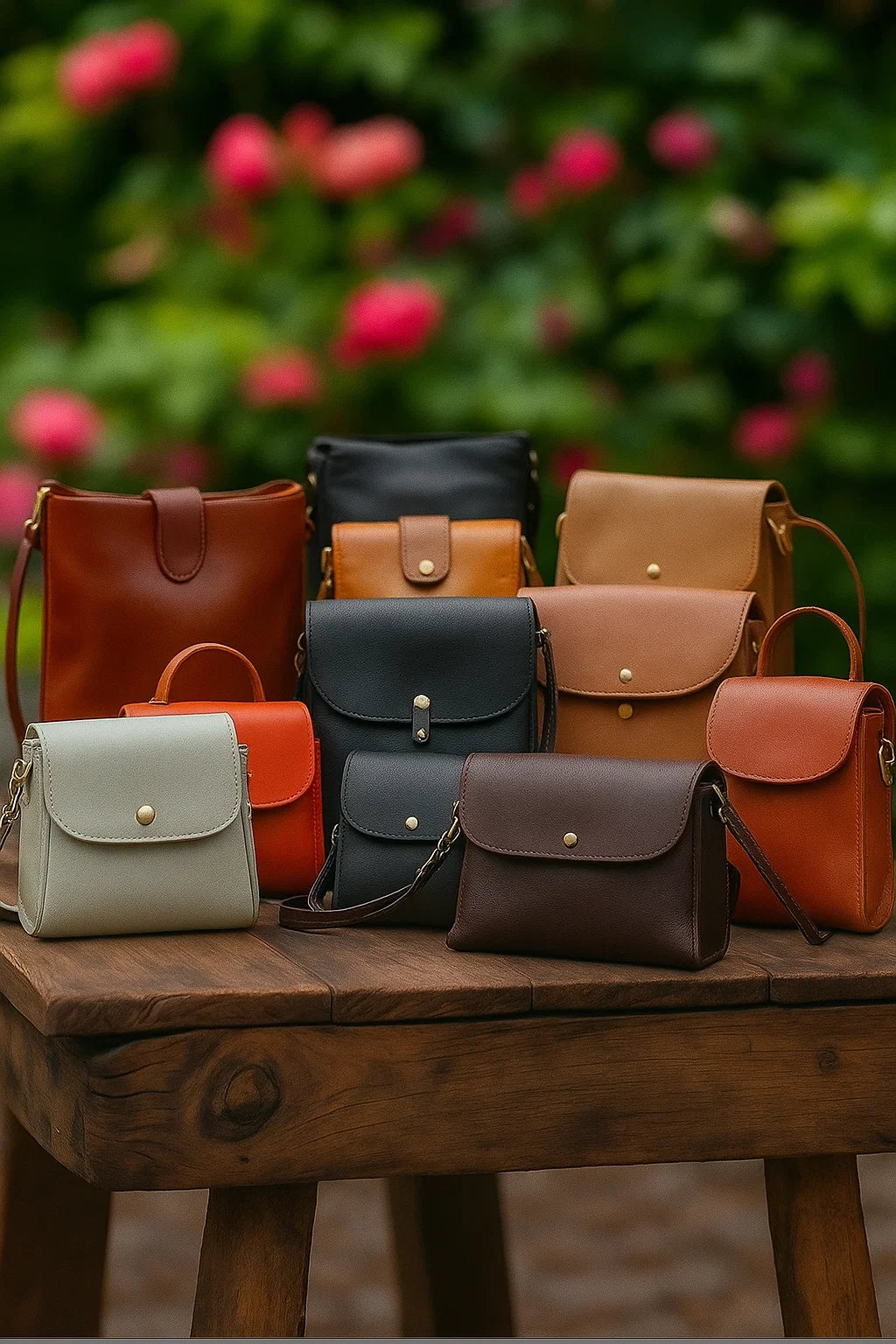 Des petits sacs de couleur différentes sont posés sur une table en bois en extérieur.