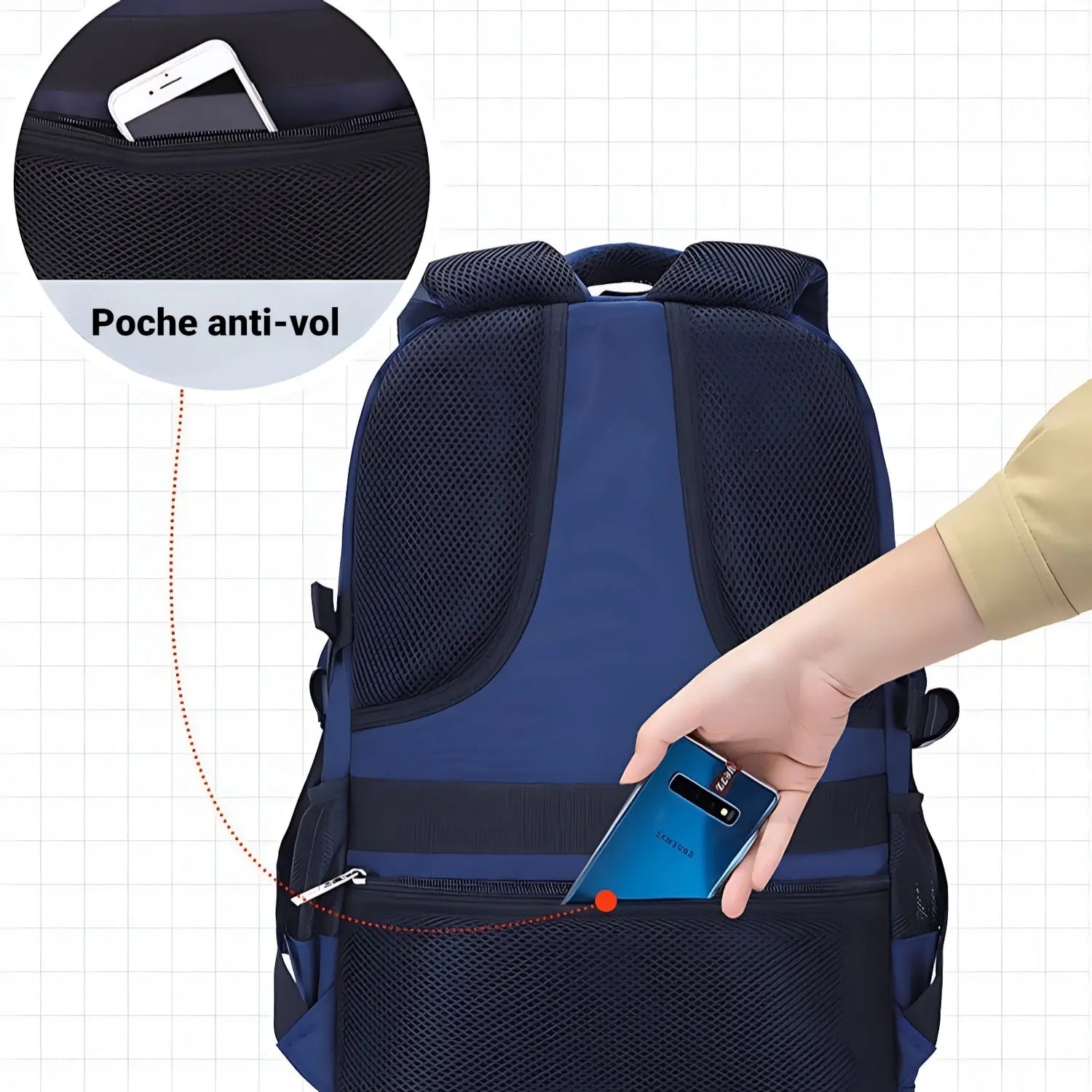 Poche arrière sécurisée du sac à dos scolaire ergonomique bleu pour garçon, idéale pour ranger un téléphone ou des objets de valeur.