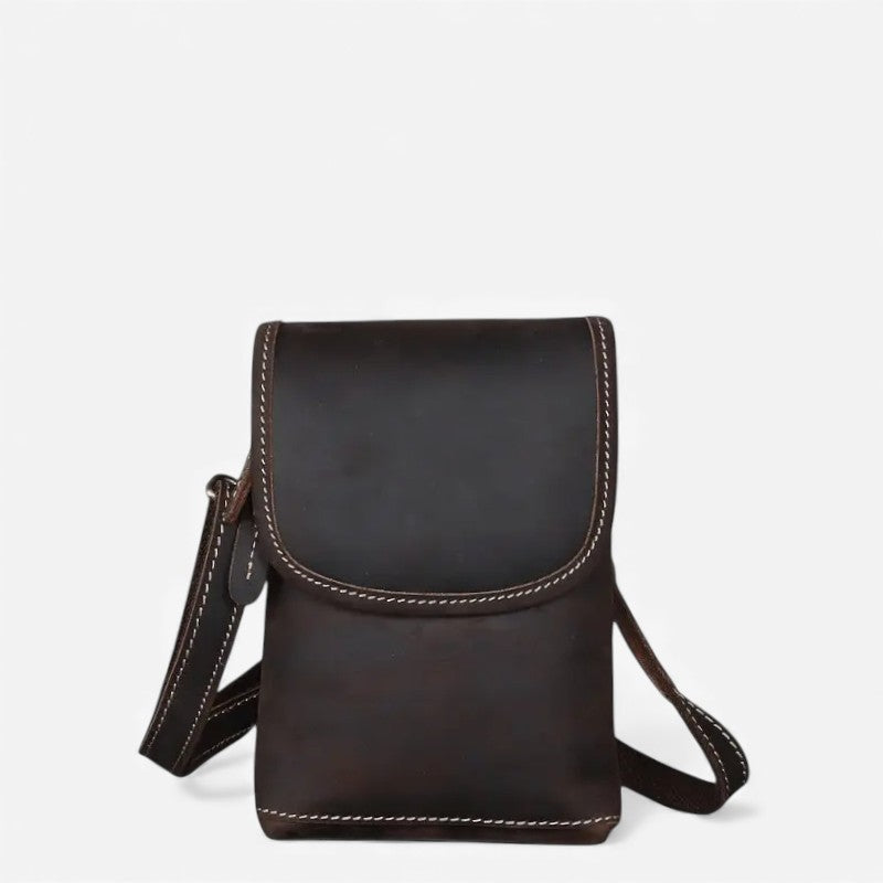 Pochette à bandoulière en cuir marron foncé pour homme avec rabat