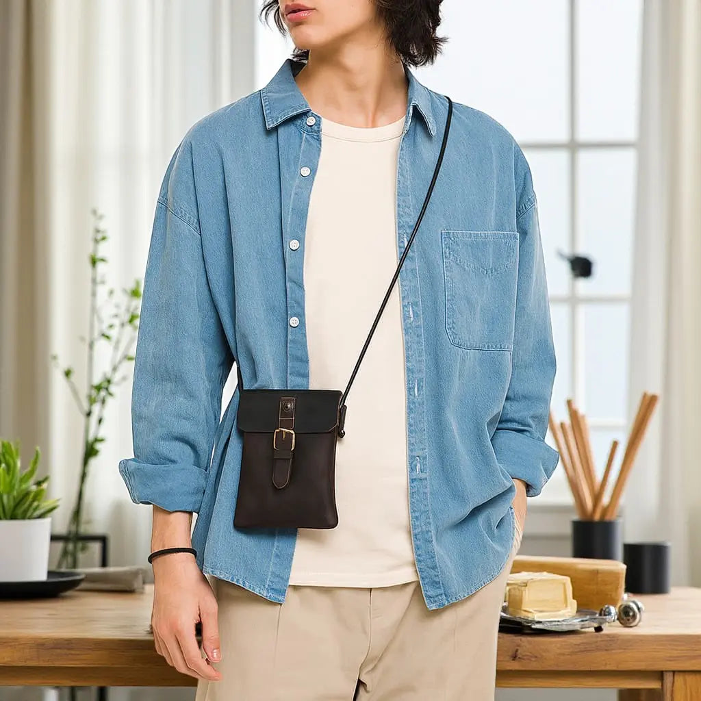 Jeune homme portant une pochette à bandoulière en cuir vintage marron sur tenue décontractée