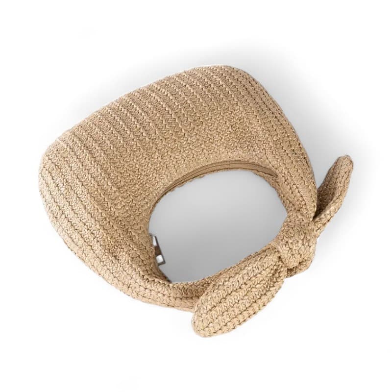Pochette bohème en paille avec nœud vue de dessus, design arrondi