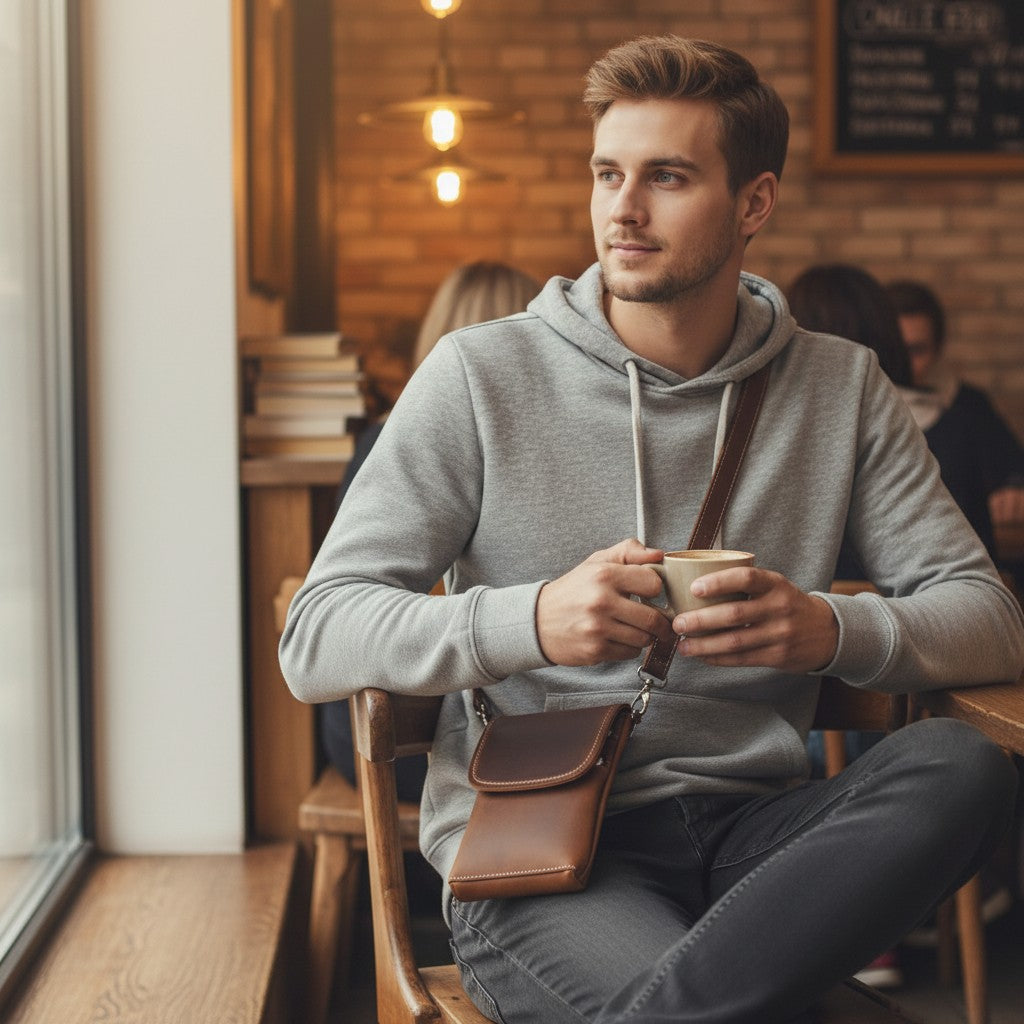 Pochette en cuir marron posée sur la cuisse d’un homme assis dans un café