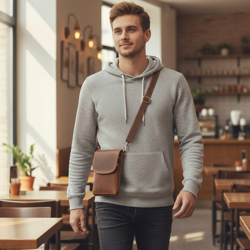 Pochette en cuir marron portée à l’épaule par un homme dans un décor urbain