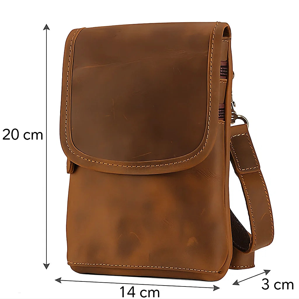 Pochette en cuir véritable marron avec mousqueton métallique pour homme dimension 20 x 14 x 3 cm