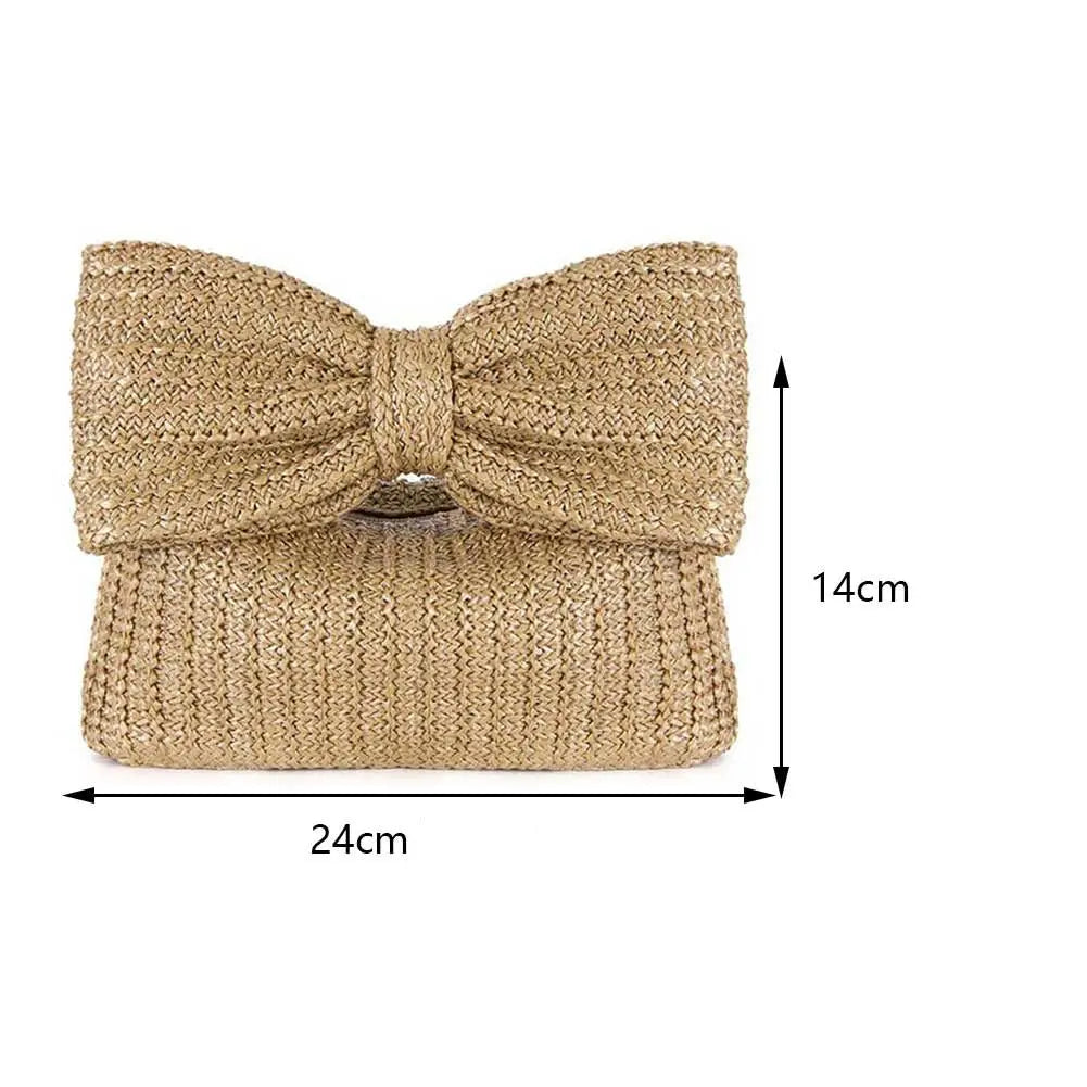 Pochette en paille tressée naturelle avec grand nœud et dimensions 24x14 cm