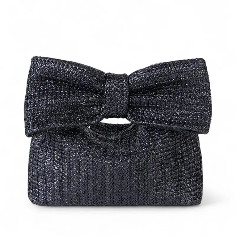 Pochette en paille tressée noire avec grand nœud décoratif