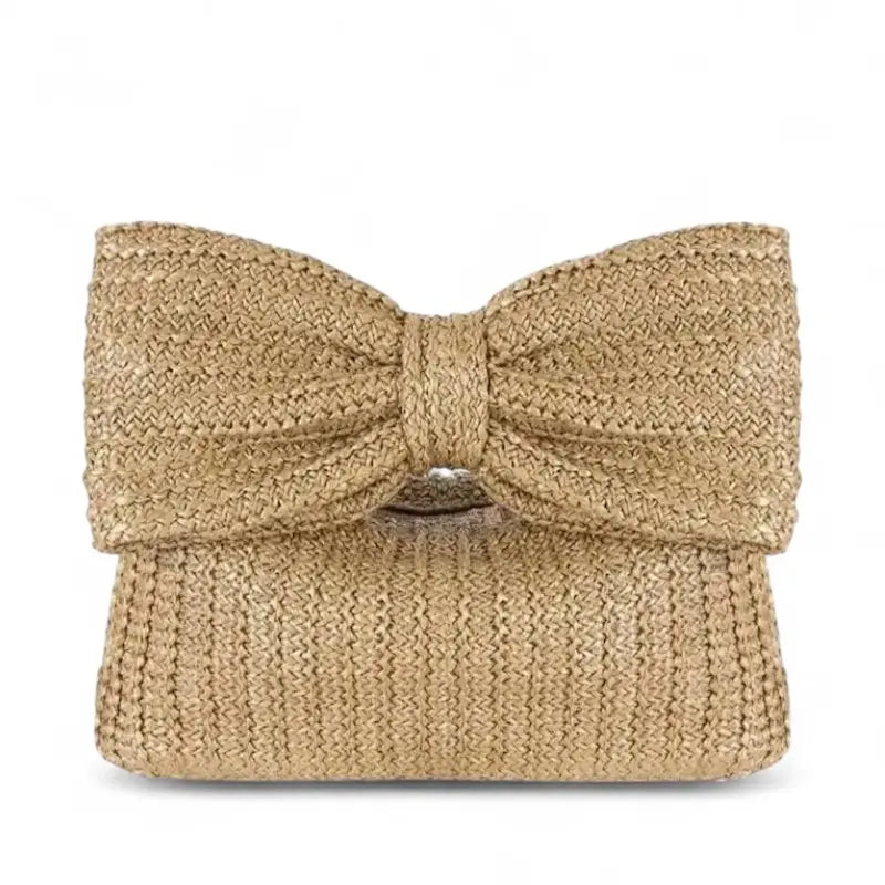 Pochette en paille tressée avec grand nœud décoratif et format compact