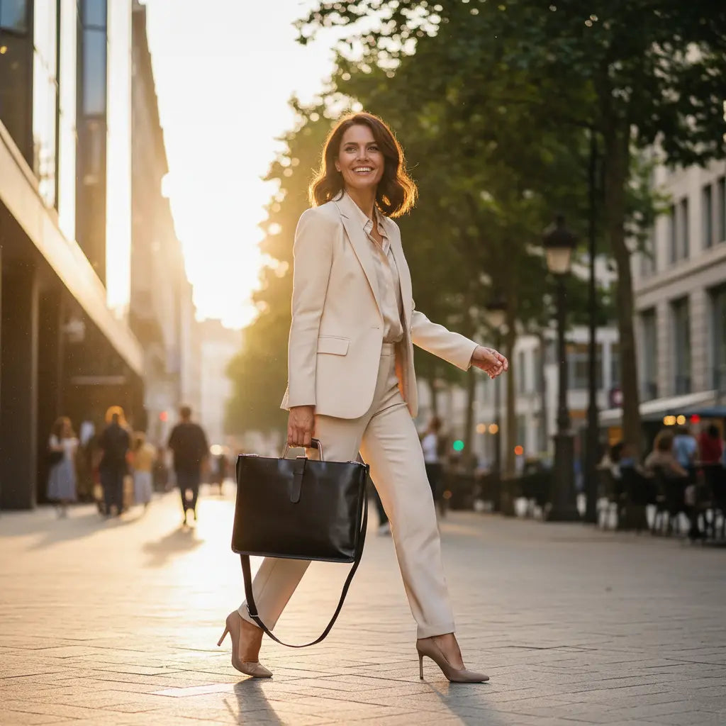 Porte-documents en cuir noir avec bandoulière porté par une femme en milieu urbain