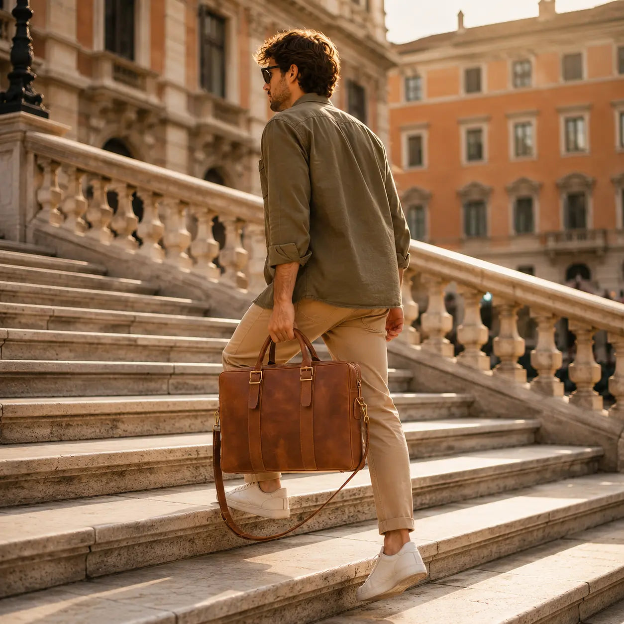 Homme montant un escalier avec un porte-documents en cuir de vachette marron pour ordinateur portable 15 pouces