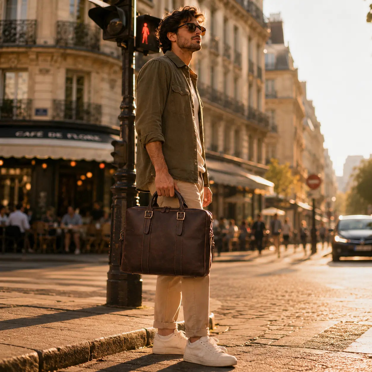 Homme attendant au feu rouge avec un porte-documents en cuir de vachette marron foncé pour ordinateur 15 pouces