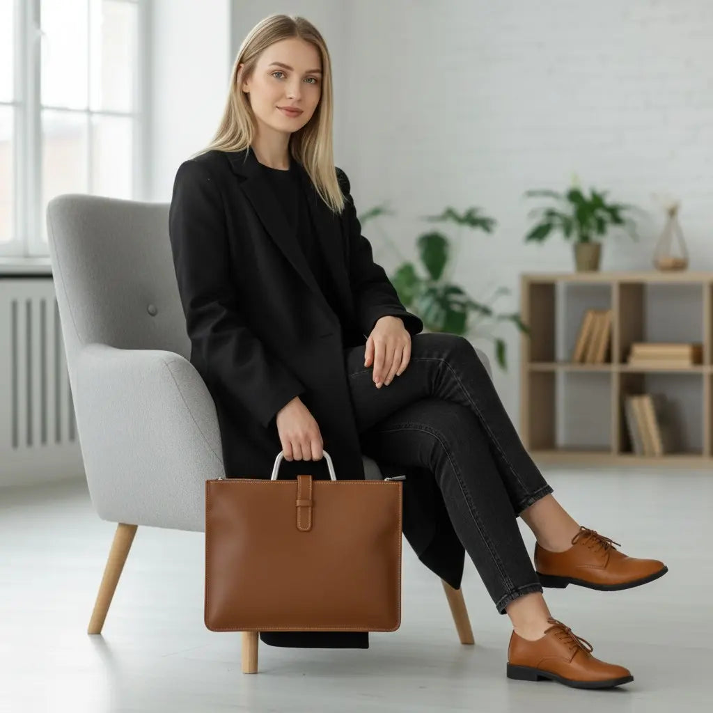 Porte-documents en cuir marron pour femme dans un environnement de bureau