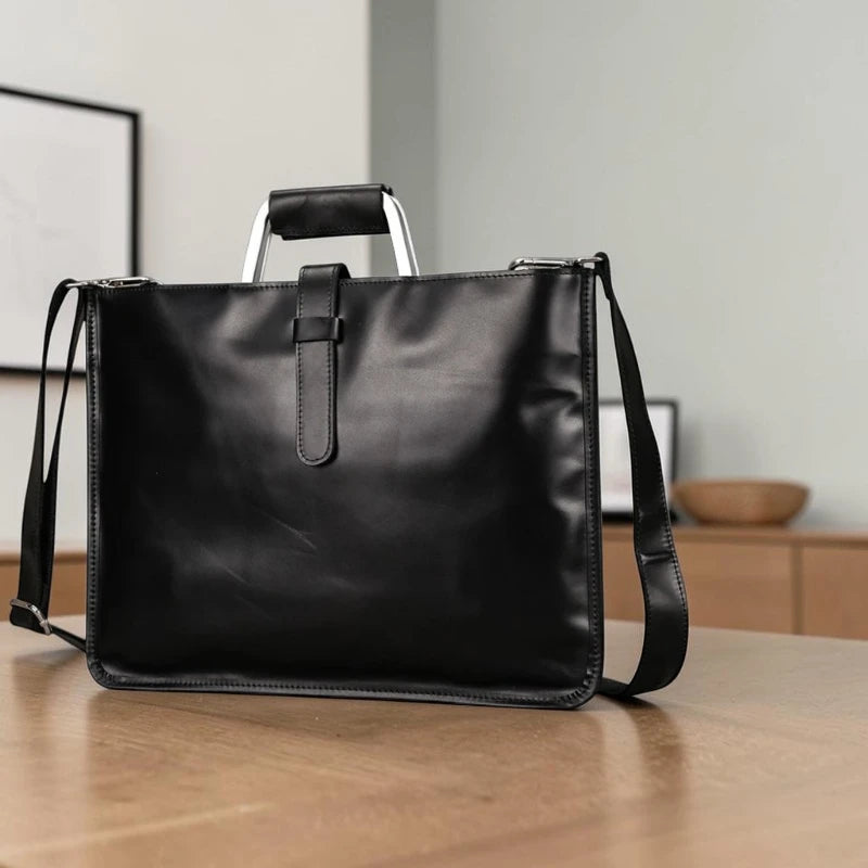 Porte-documents en cuir noir avec poignée et bandoulière dans un espace de travail