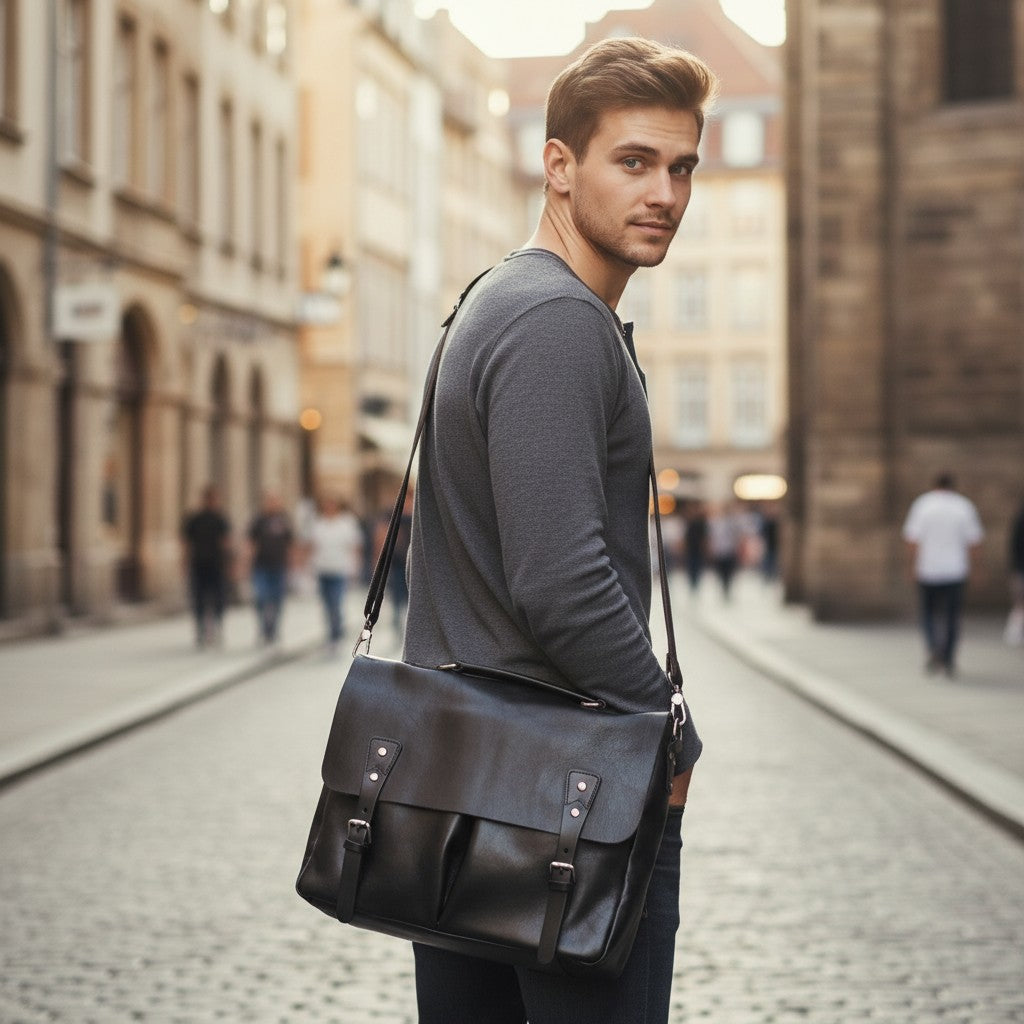 Homme portant un porte-documents en cuir noir sur l’épaule, look moderne et décontracté en centre-ville.