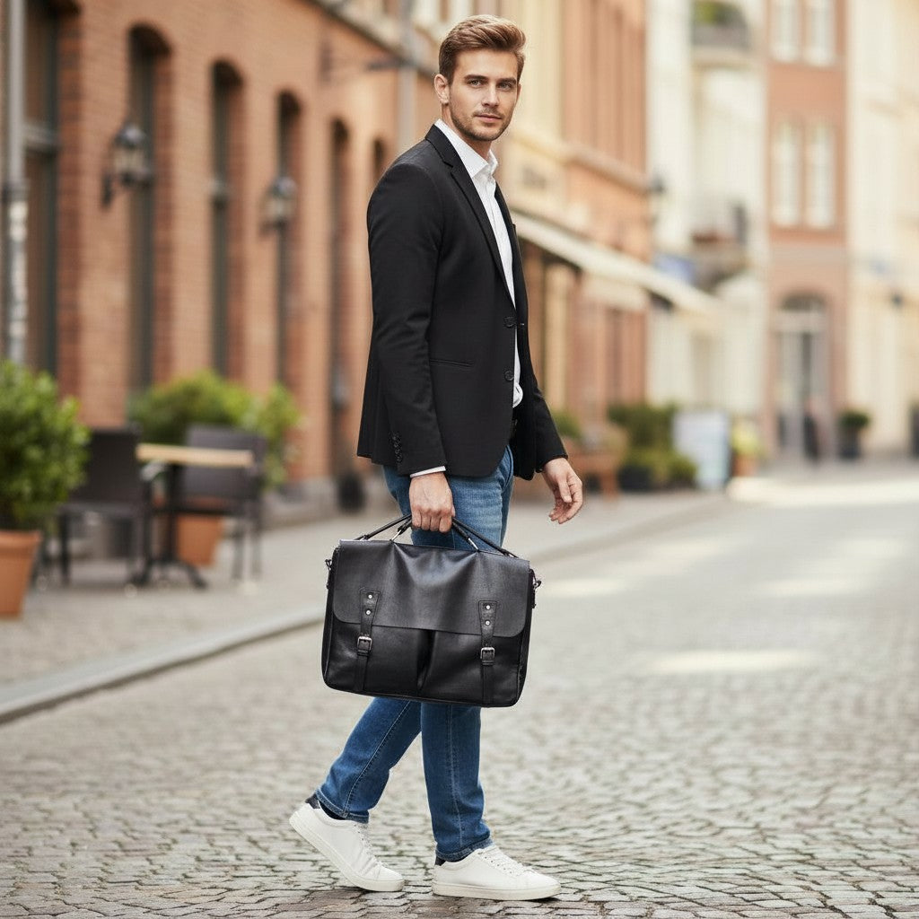 Homme marchant en ville avec un porte-documents en cuir noir à la main, style urbain et professionnel.