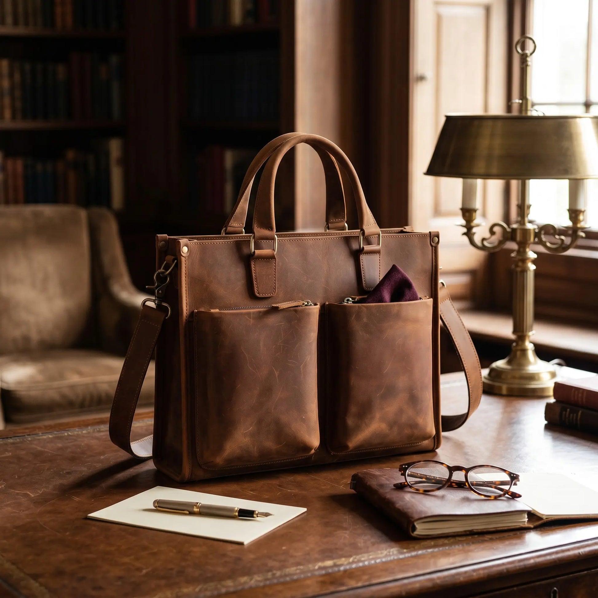 Porte-documents en cuir de vachette vintage posé sur un bureau avec double poche avant