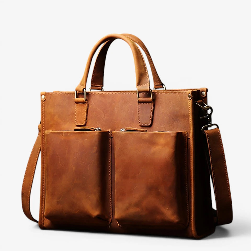Vue avant du porte-documents homme en cuir de vachette avec double poche extérieure