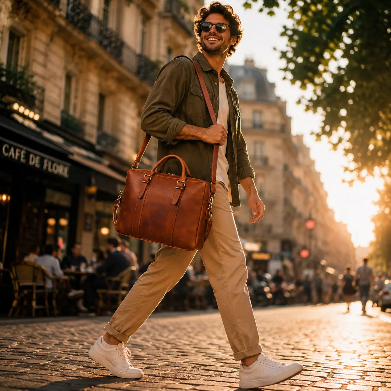 Homme portant un porte-documents en cuir de vachette vintage marron foncé dans une rue animée