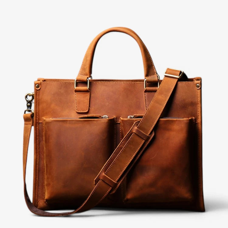 Porte-documents homme en cuir de vachette marron vintage avec double poche avant et bandoulière amovible