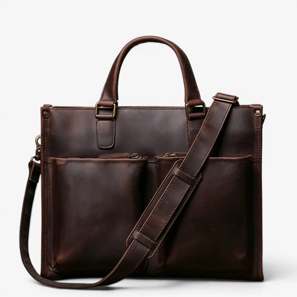 Porte-documents homme en cuir de vachette marron foncé avec double poche avant et bandoulière réglable