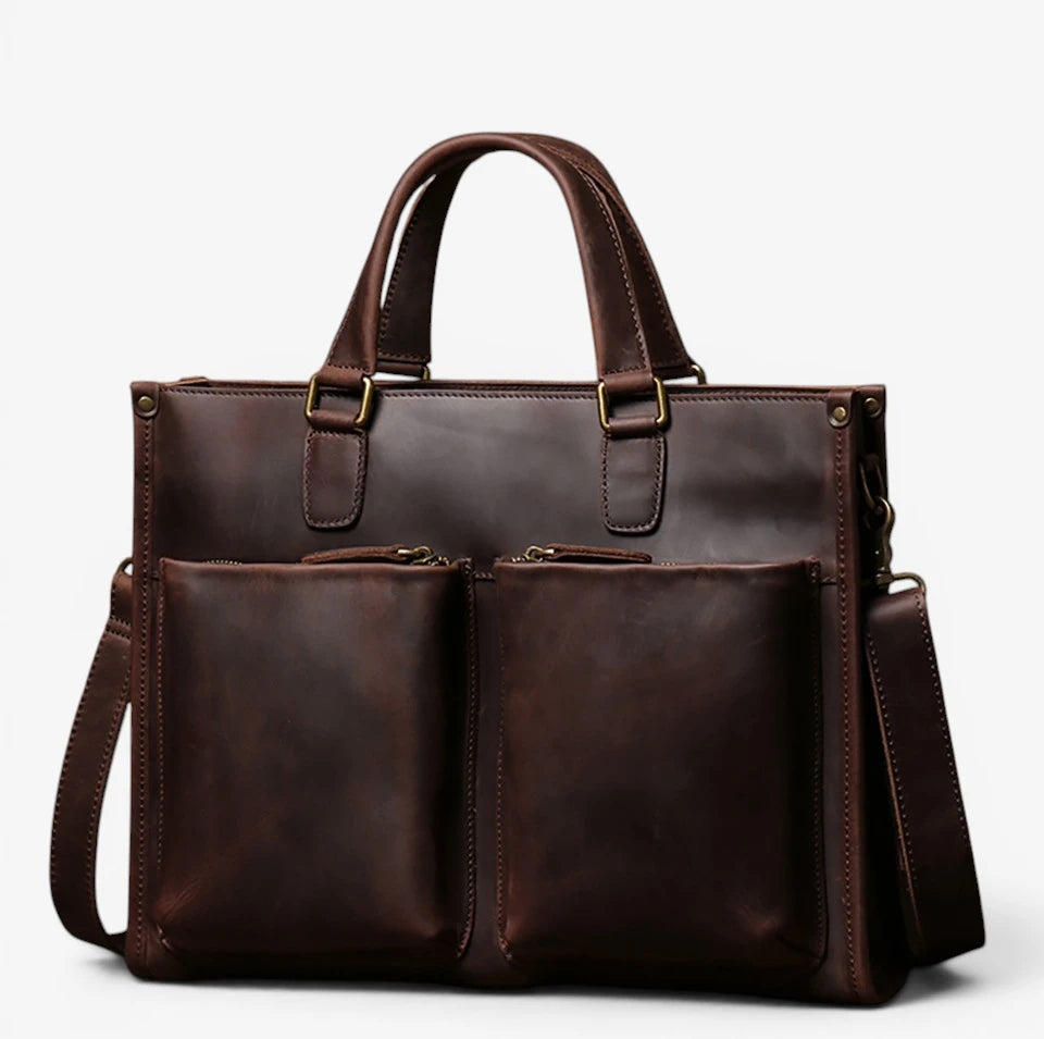 Porte-documents homme en cuir de vachette marron foncé avec double poche extérieure
