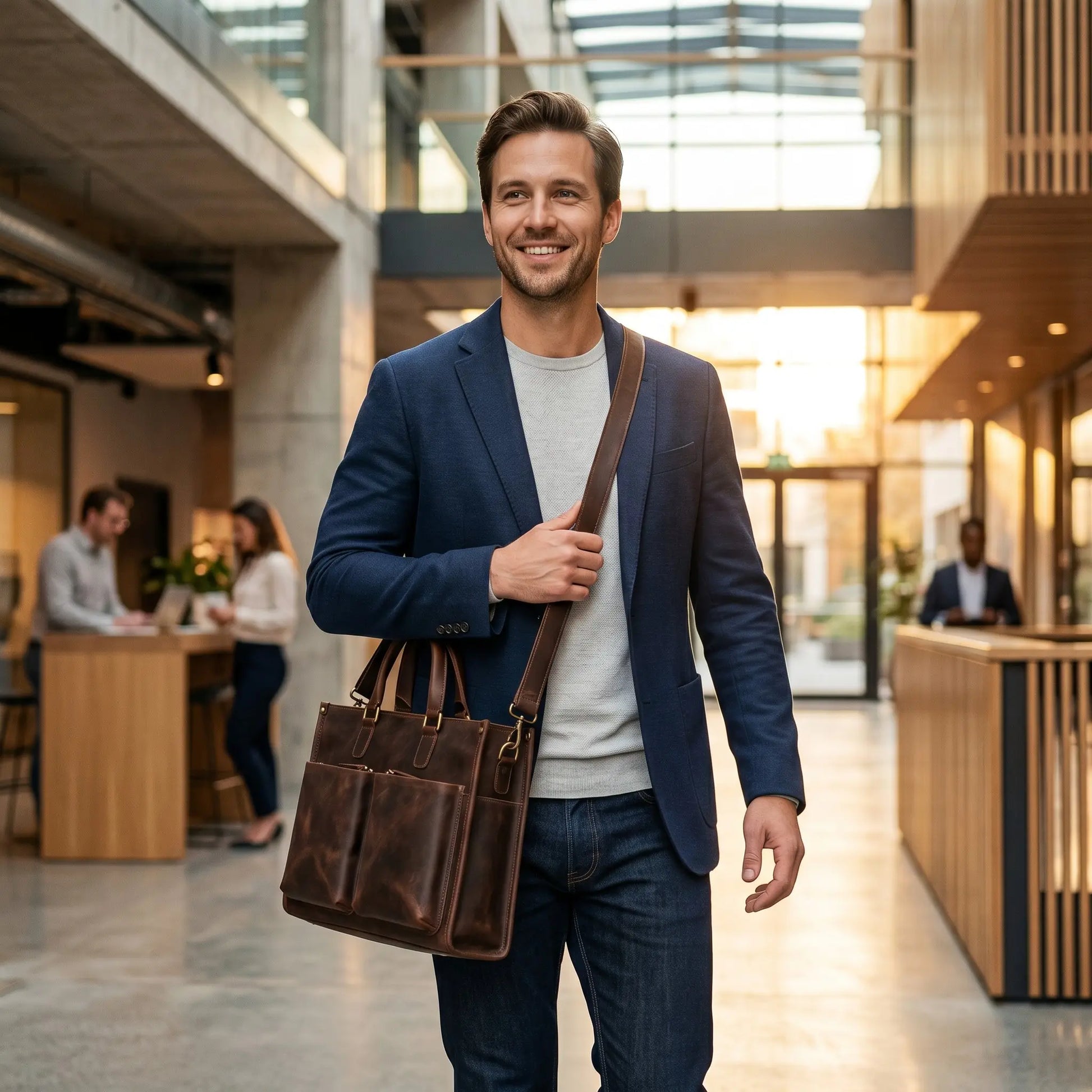 Homme portant un porte-documents en cuir de vachette marron foncé avec bandoulière pour ordinateur portable 14 pouces