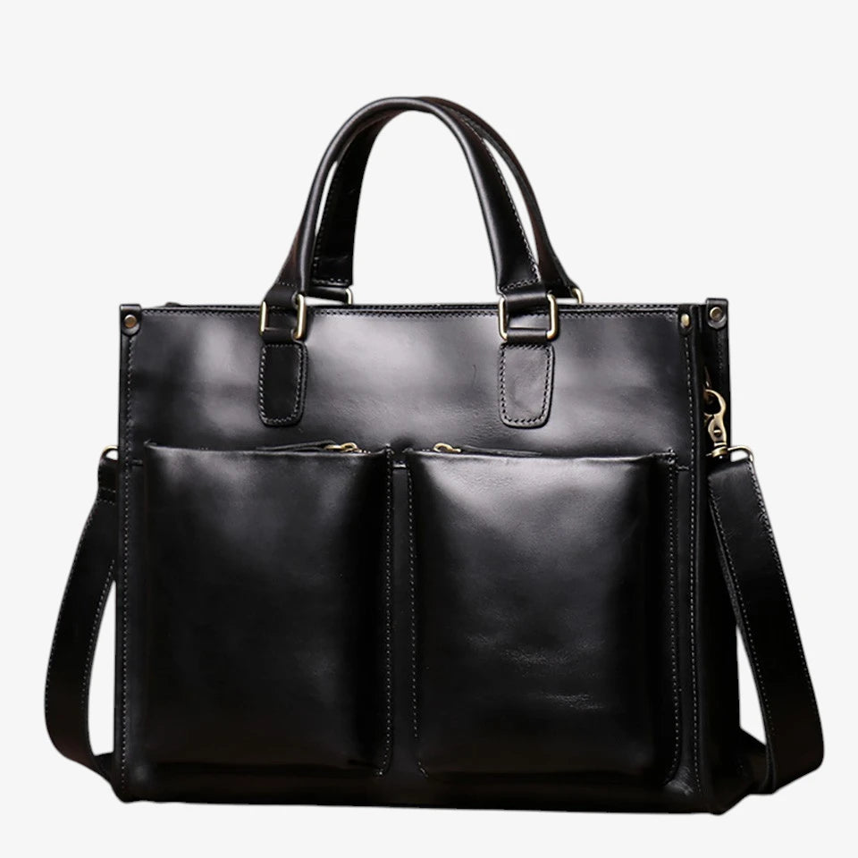 Porte-documents homme en cuir de vachette noir avec double poche avant et bandoulière amovible