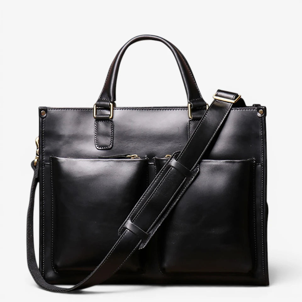 Porte-documents homme en cuir de vachette noir vintage avec double poche avant et bandoulière pour ordinateur portable 14 pouces