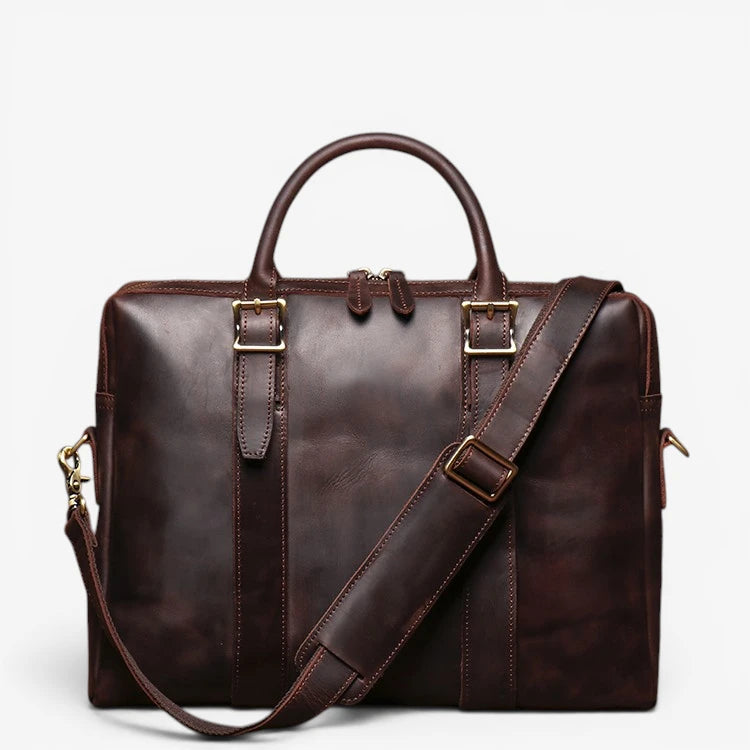 Porte-documents en cuir de vachette vintage marron foncé avec bandoulière amovible pour ordinateur portable 15 pouces