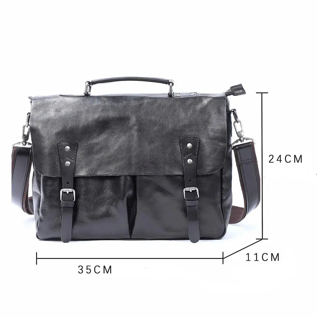 Dimensions du porte-documents en cuir noir vintage 35x24x11 cm