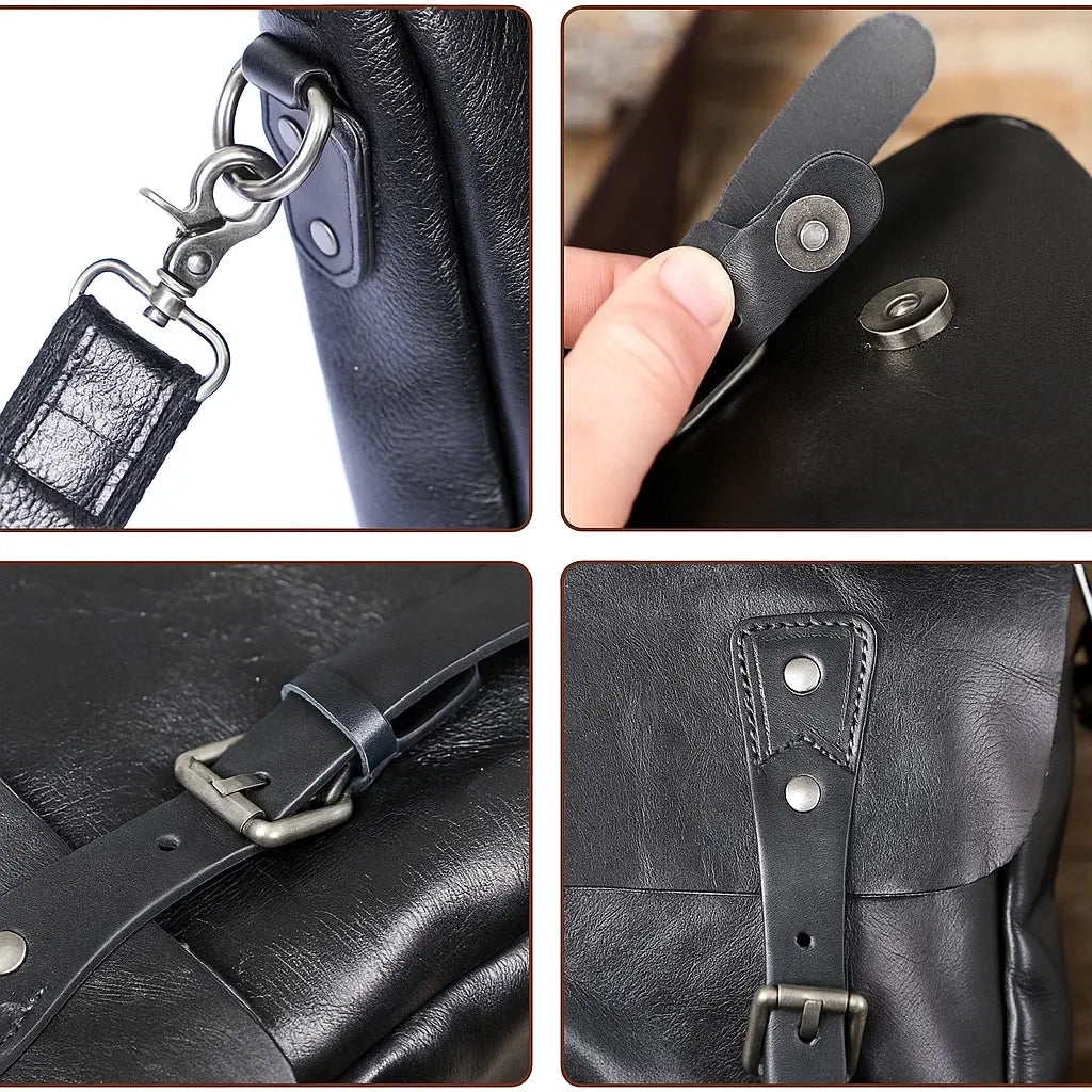 Porte-documents en cuir véritable noir style vintage pour homme détails ouvertures et mousqueton.