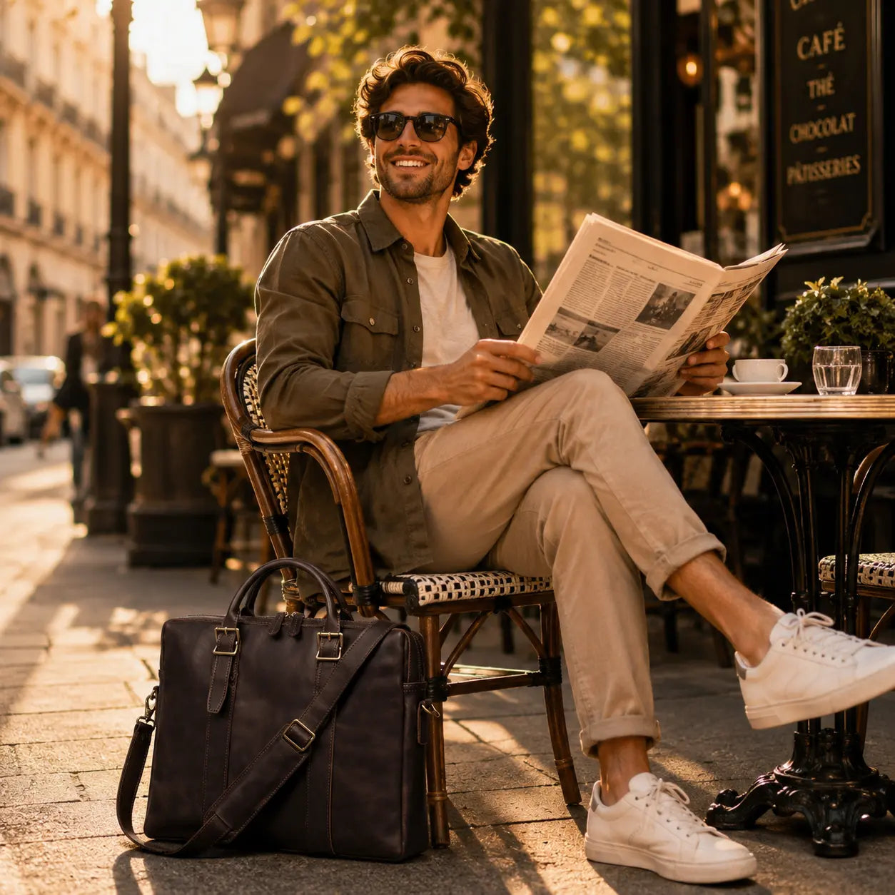 Porte-documents en cuir de vachette vintage marron foncé posé au pied d'un homme assis en terrasse de café