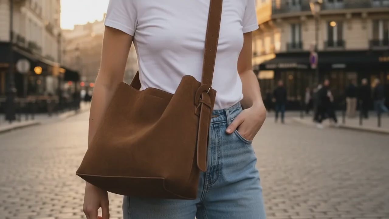 Sac cabas femme en daim marron porté à l’épaule en ville