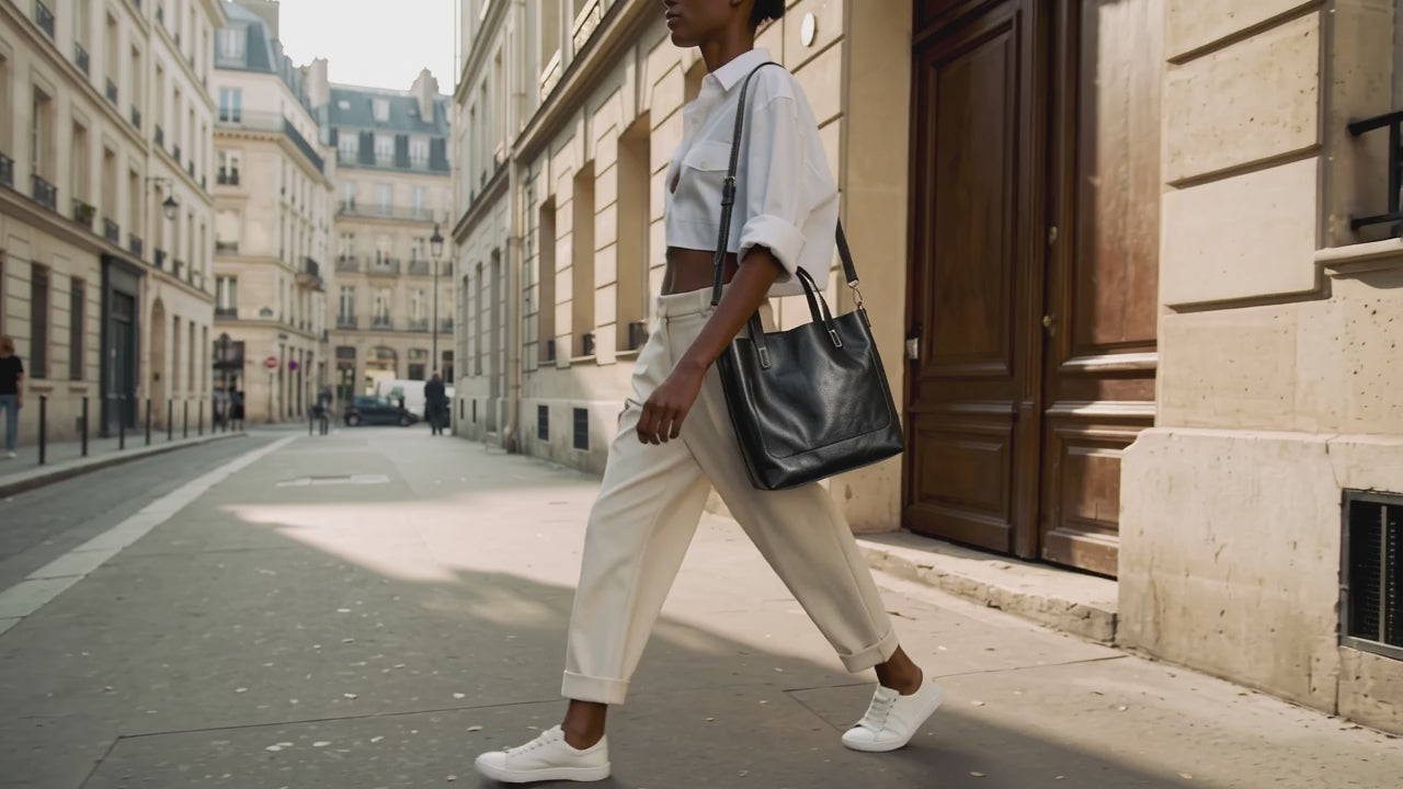 Vidéo d’une femme marchant en ville avec un sac cabas noir en cuir porté à l’épaule.