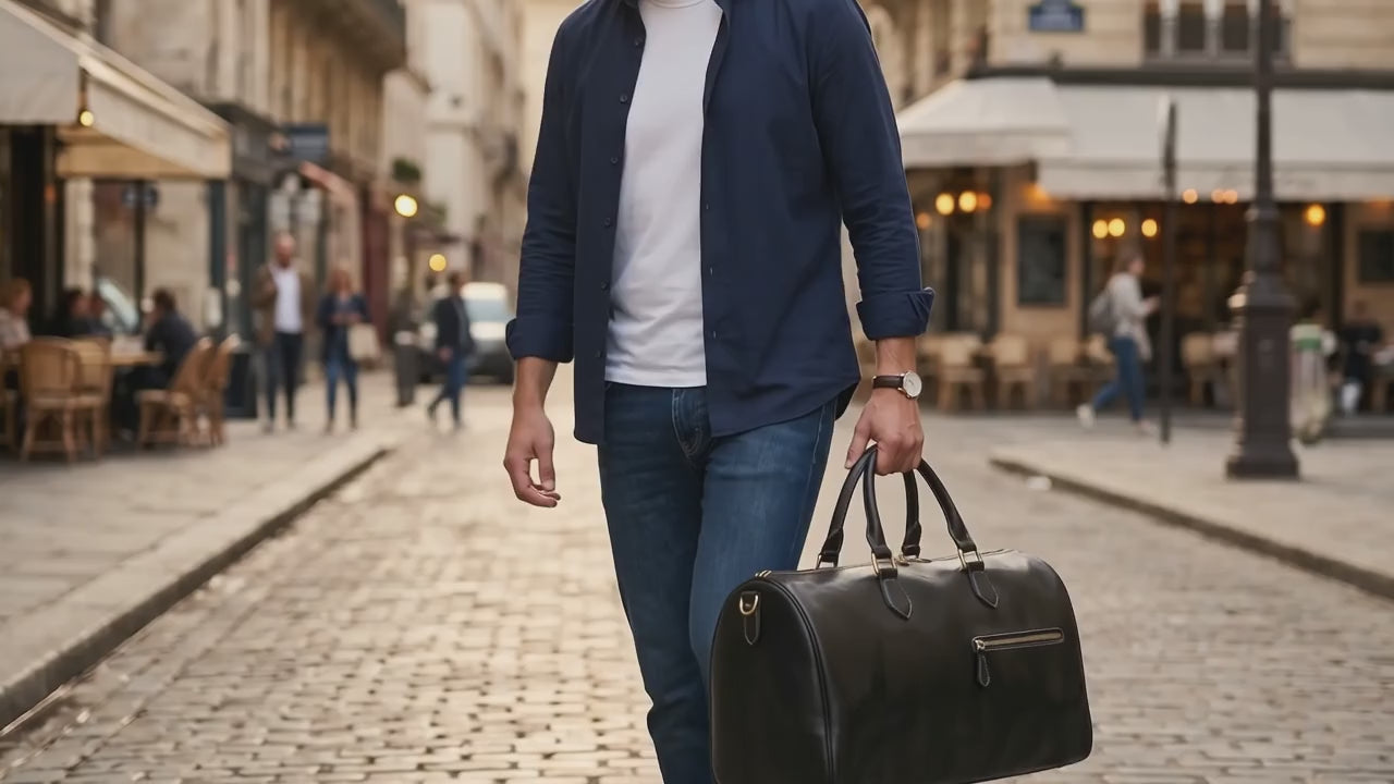 Sac de voyage homme en cuir noir porté à la main en ville