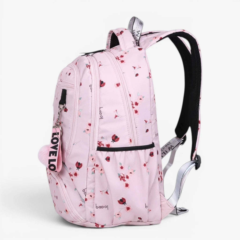 Vue latérale du sac à dos collège fille à fleurs avec poche extérieure