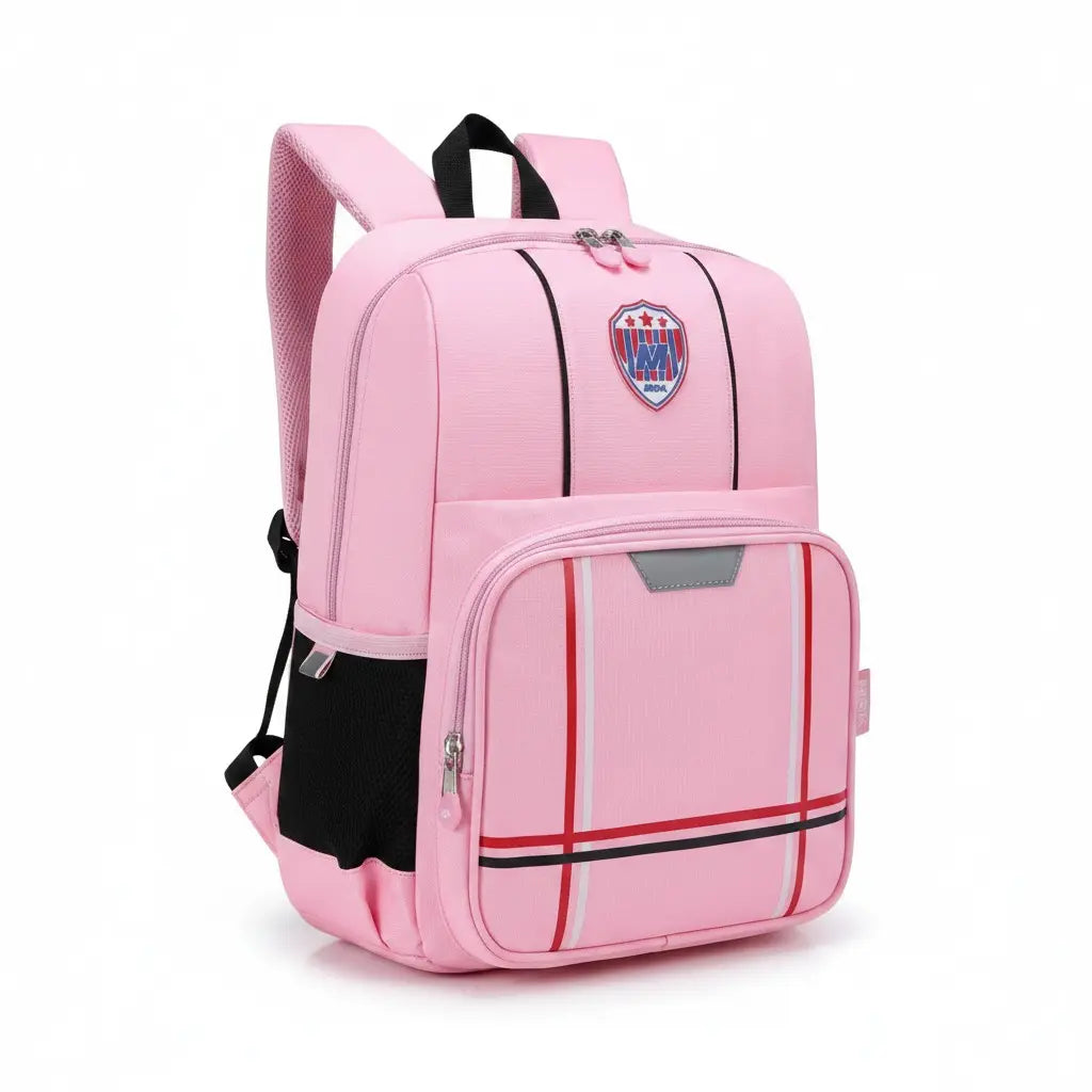 Vue de profil du sac à dos rose style cartable pour fille école primaire