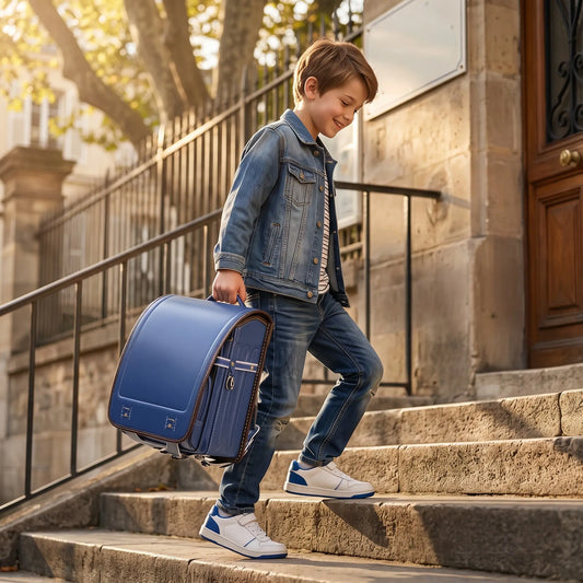 Randoseru bleu porté à la main par un enfant montant les marches de l'école
