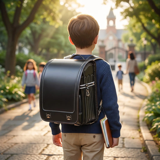 Enfant portant un cartable japonais Randoseru noir sur le chemin de l'école