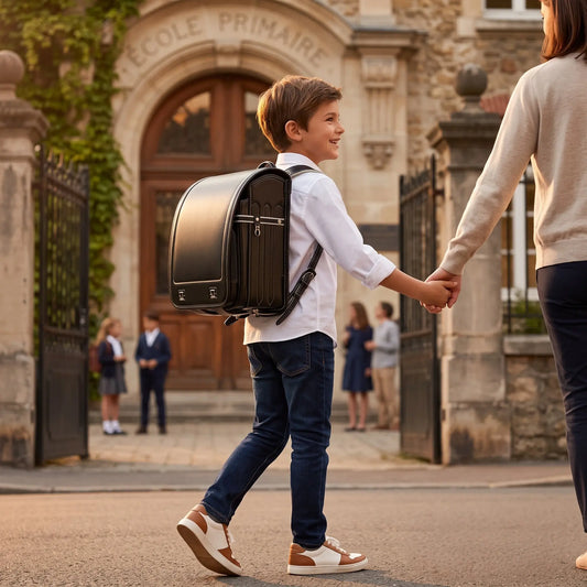 Enfant portant un cartable randoseru noir entrant à l'école primaire accompagné d'un adulte
