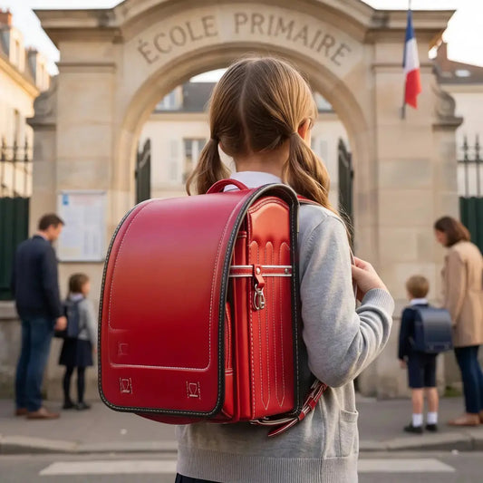 Enfant portant un sac scolaire japonais randoseru rouge devant l'entrée d'une école primaire