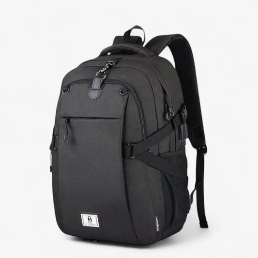 Vue latérale du sac à dos 35L gris avec port USB intégré